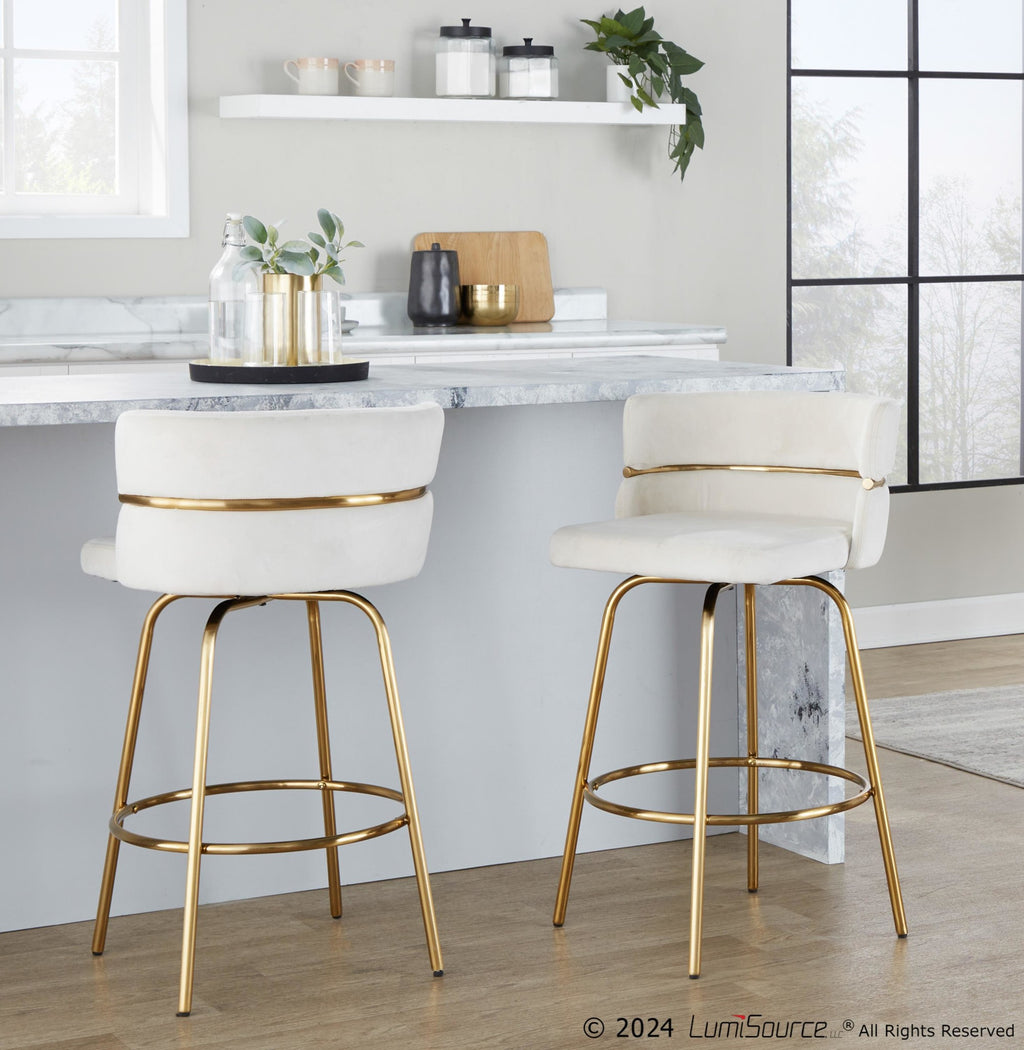 Cinch Claire 26" Fixed-Height Counter Stool - Set of 2 - Gold Metal, Cream Velvet