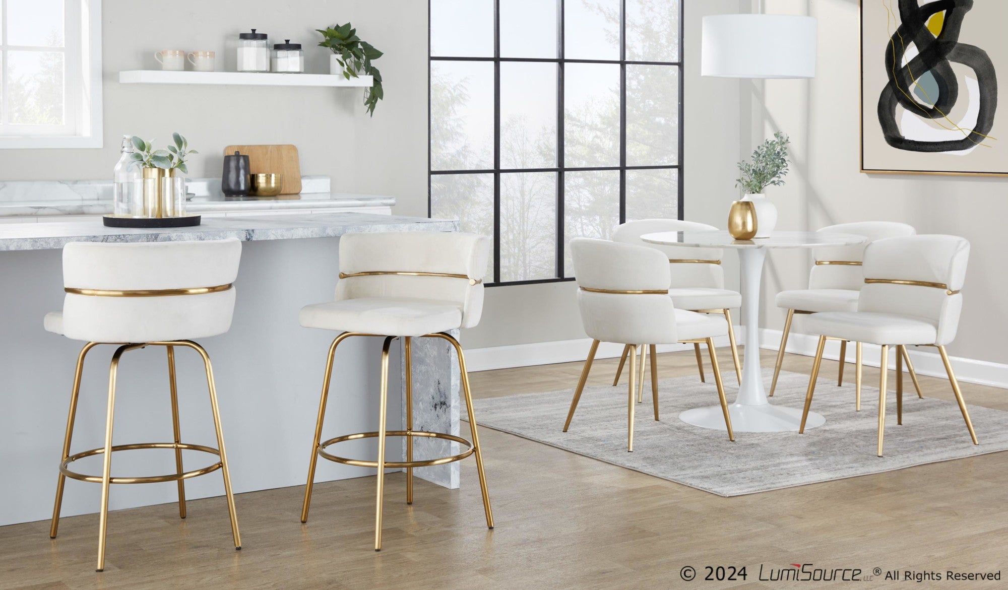 Cinch Claire 26" Fixed-Height Counter Stool - Set of 2 - Gold Metal, Cream Velvet