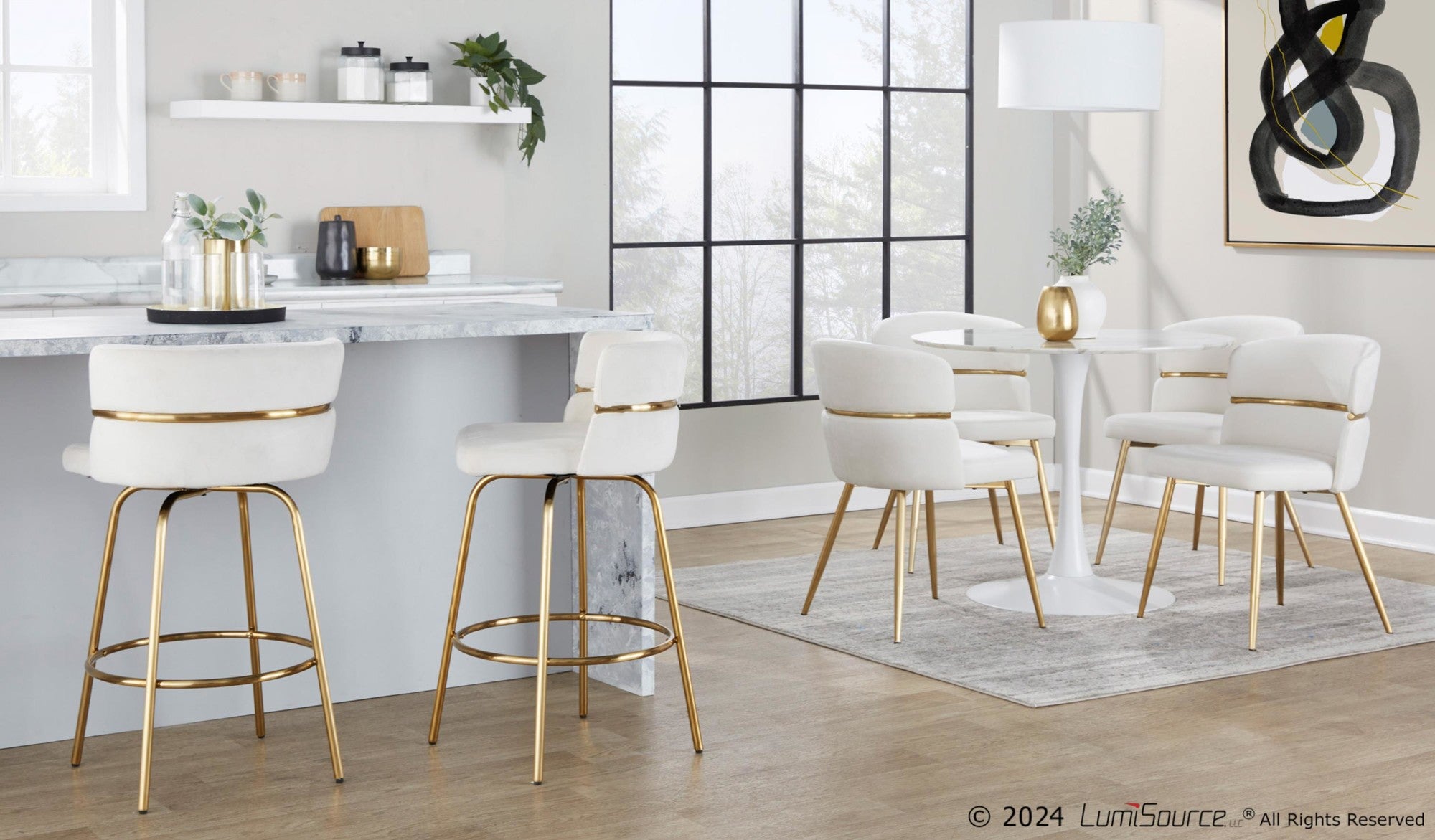 Cinch Claire 26" Fixed-Height Counter Stool - Set of 2 - Gold Metal, Cream Velvet