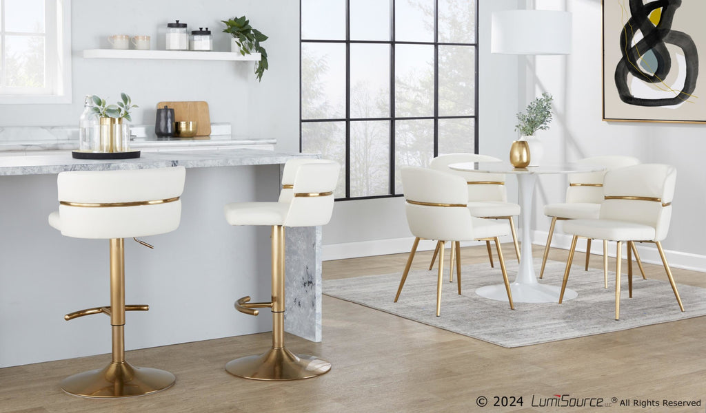 Cinch Adjustable Barstool - Set of 2 - Gold Metal, White PU
