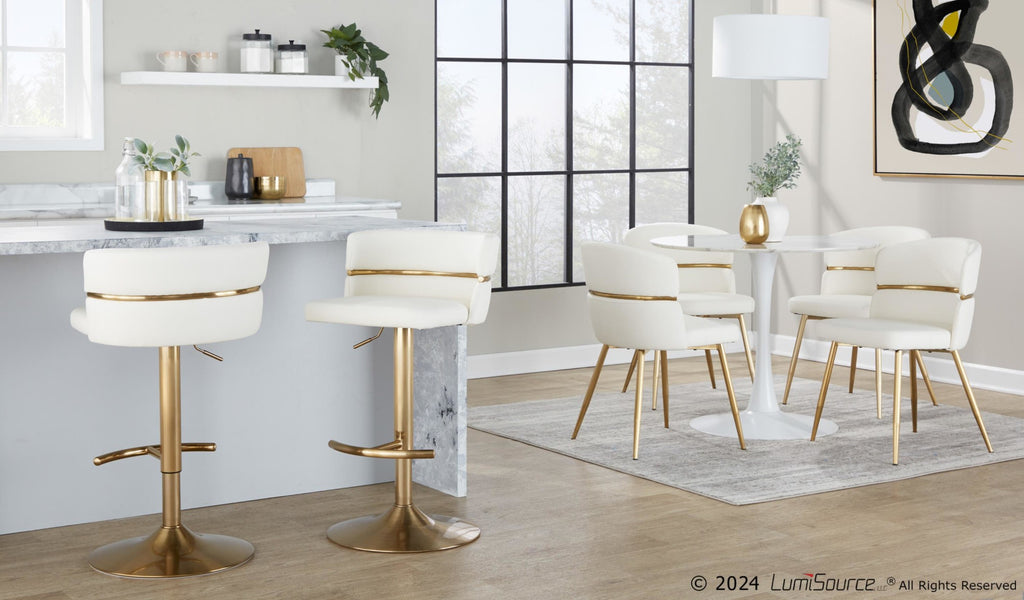 Cinch Adjustable Barstool - Set of 2 - Gold Metal, White PU