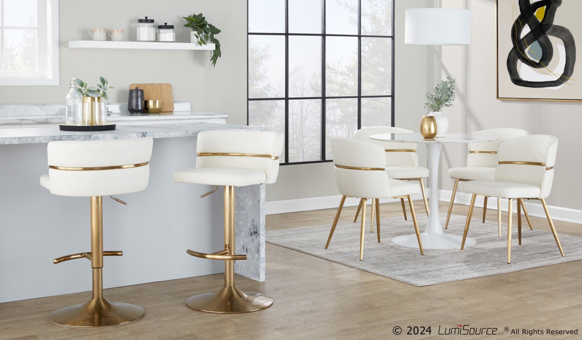 Cinch Adjustable Barstool - Set of 2 - Gold Metal, White PU