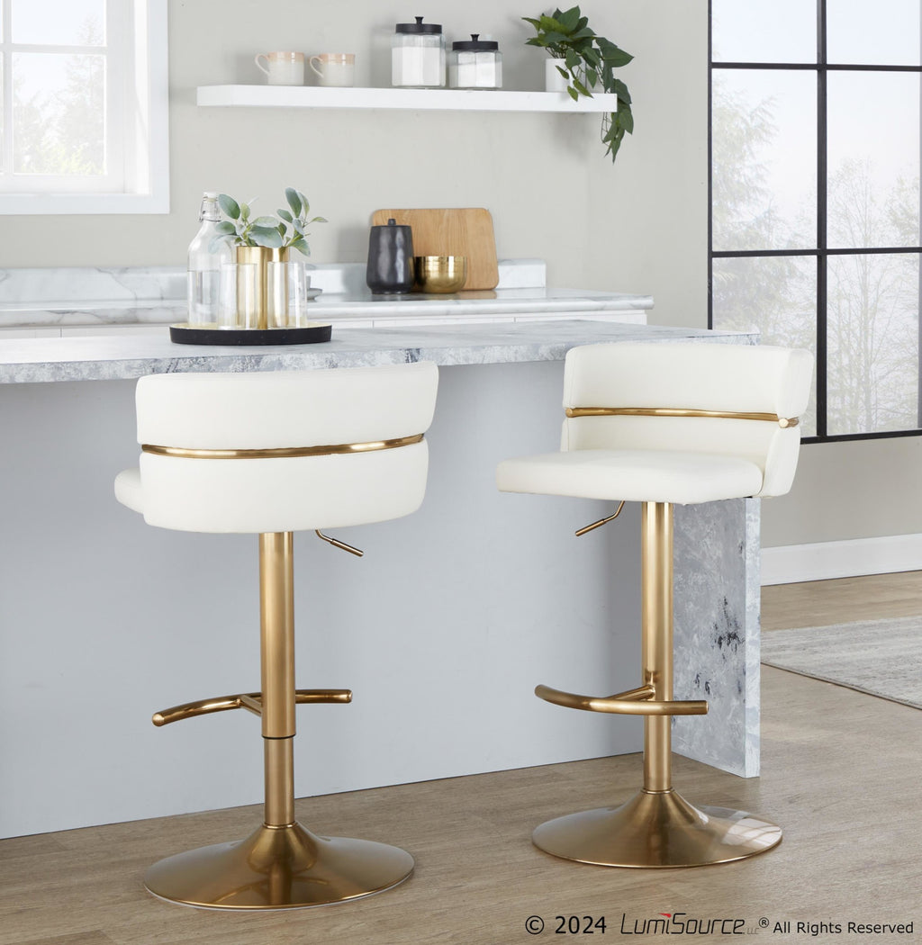 Cinch Adjustable Barstool - Set of 2 - Gold Metal, White PU