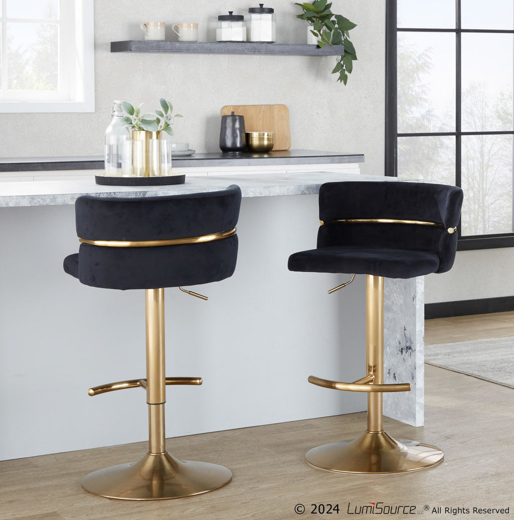Cinch Adjustable Barstool - Set of 2 - Gold Metal, Black Velvet