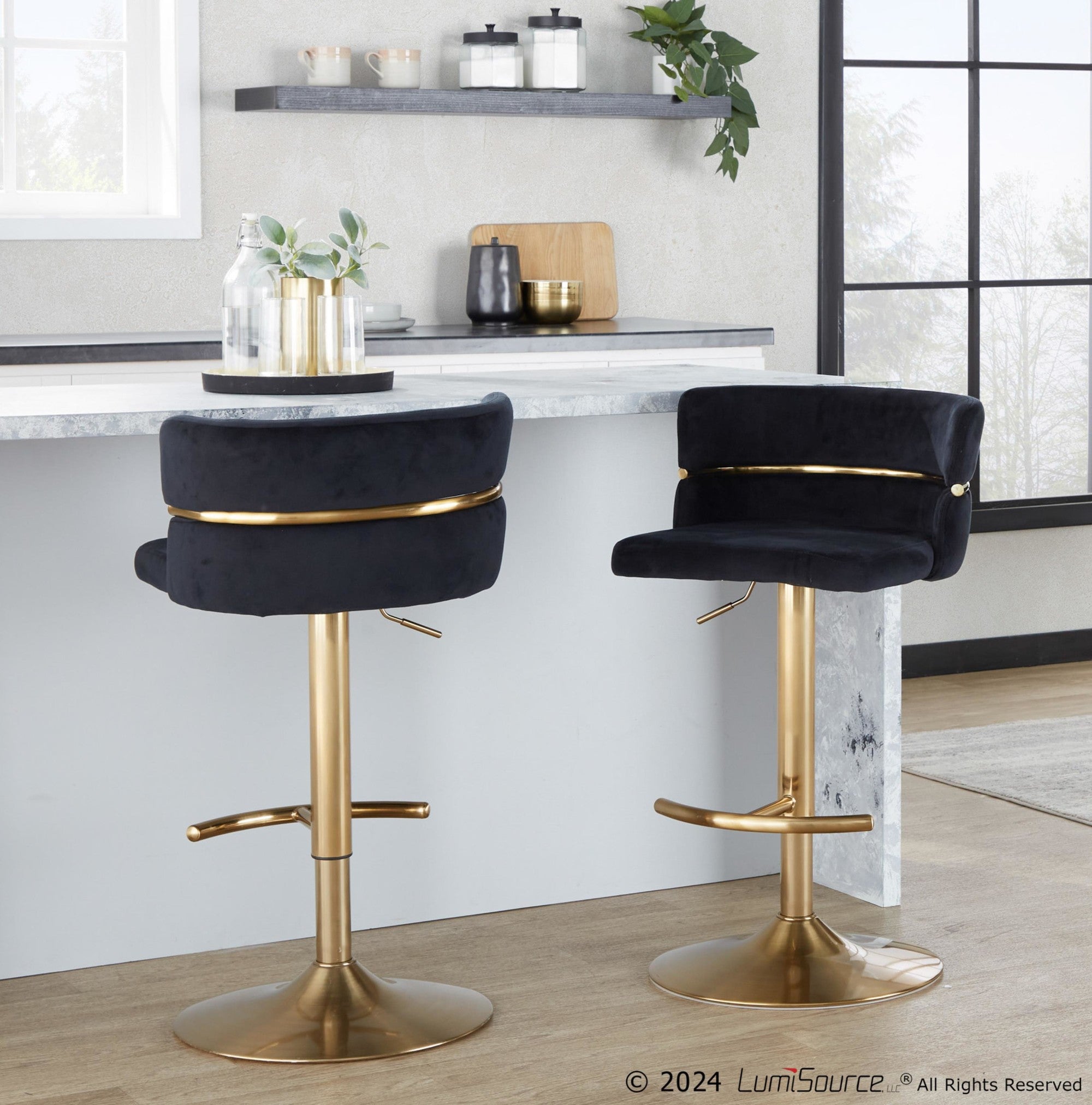 Cinch Adjustable Barstool - Set of 2 - Gold Metal, Black Velvet