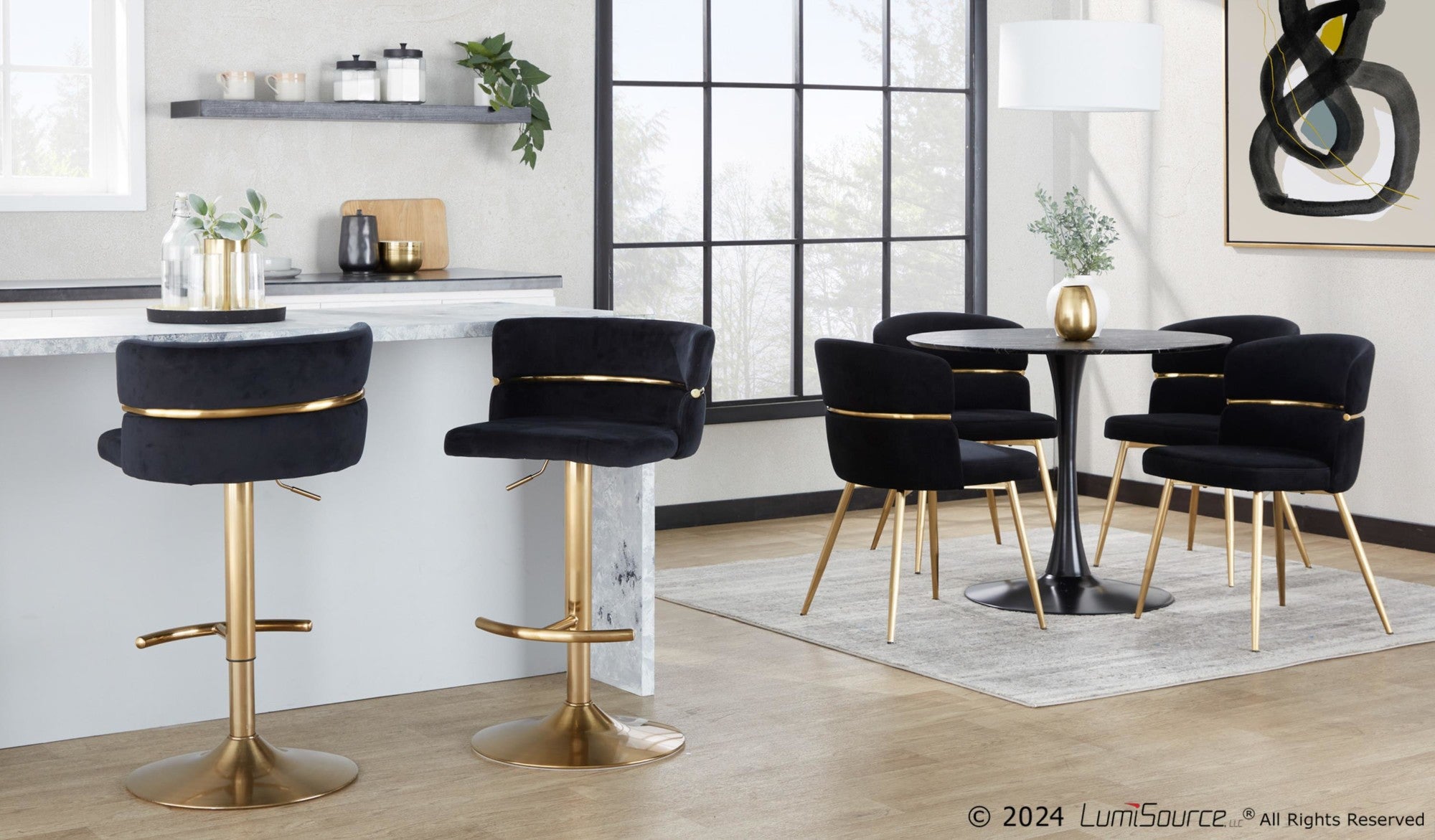 Cinch Adjustable Barstool - Set of 2 - Gold Metal, Black Velvet