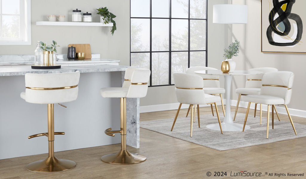 Cinch Adjustable Barstool - Set of 2 - Gold Metal, Cream Velvet