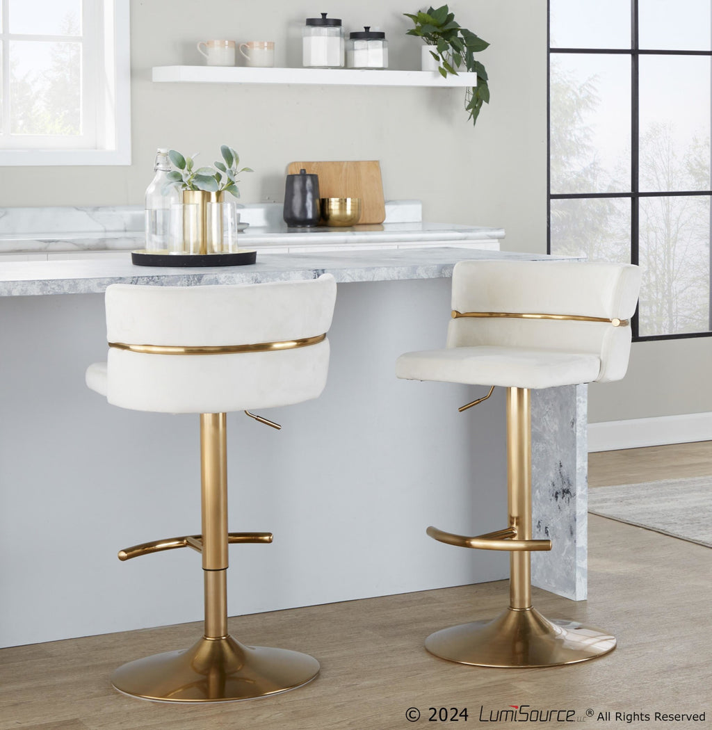 Cinch Adjustable Barstool - Set of 2 - Gold Metal, Cream Velvet