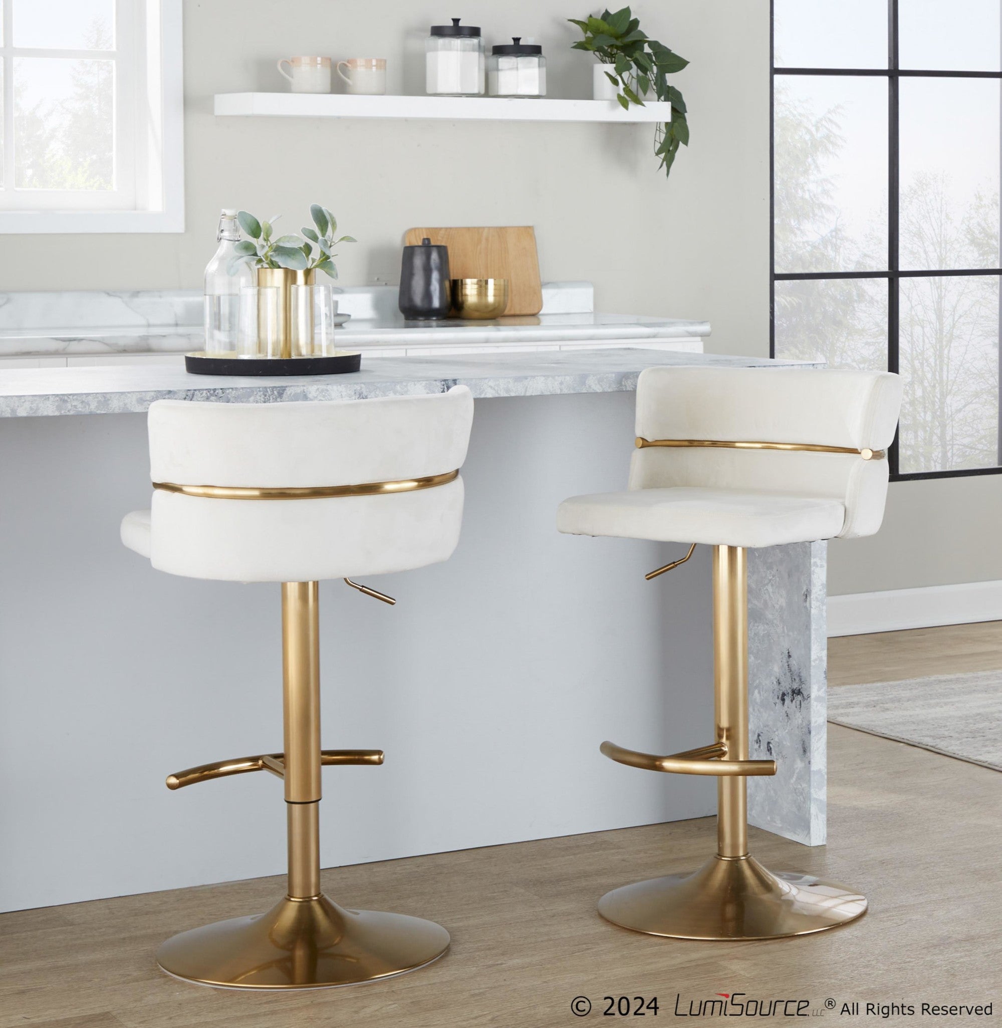 Cinch Adjustable Barstool - Set of 2 - Gold Metal, Cream Velvet