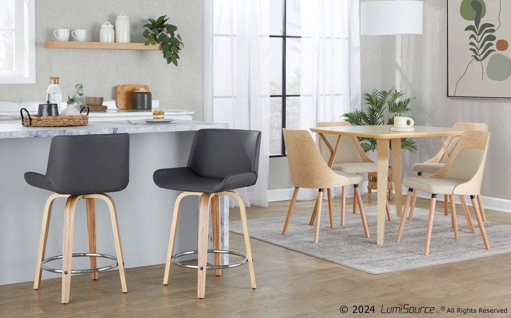 Santi 24" Fixed-Height Counter Stool - Set of 2 - Zebra Wood, Chrome Metal, Grey PU