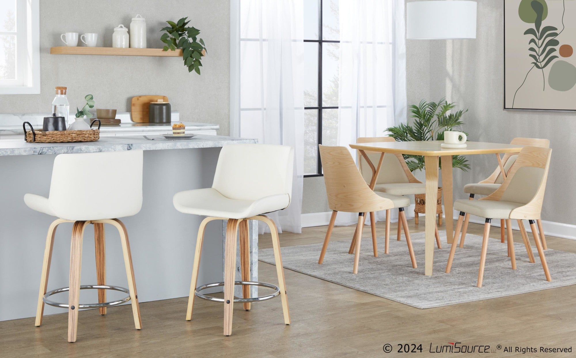 Santi 24" Fixed-Height Counter Stool - Set of 2 - Zebra Wood, Chrome Metal, White PU