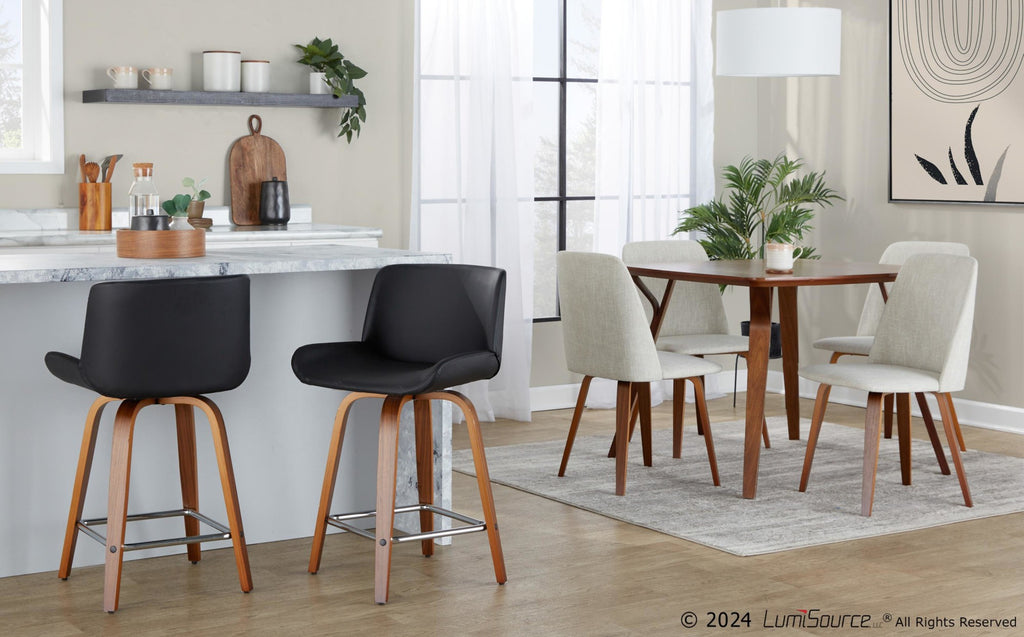 Santi 24" Fixed-Height Counter Stool - Set of 2 - Walnut Wood, Chrome Metal, Black PU