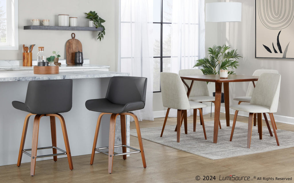 Santi 24" Fixed-Height Counter Stool - Set of 2 - Walnut Wood, Chrome Metal, Grey PU