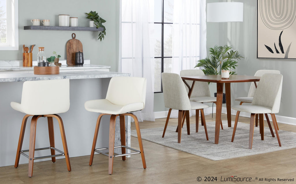 Santi 24" Fixed-Height Counter Stool - Set of 2 - Walnut Wood, Chrome Metal, White PU