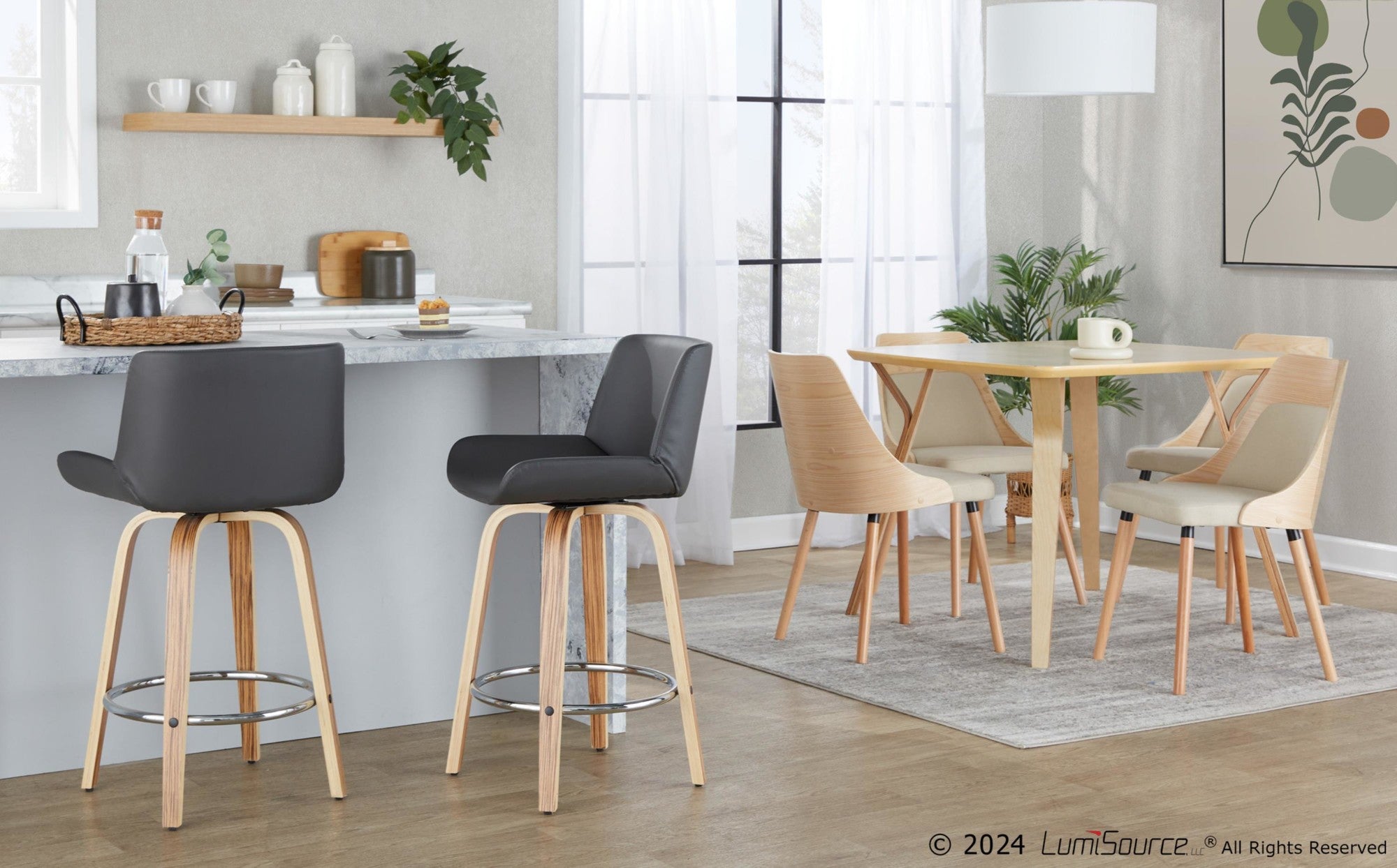 Santi 25" Fixed-Height Counter Stool - Set of 2 - Zebra Wood, Chrome Metal, Grey PU