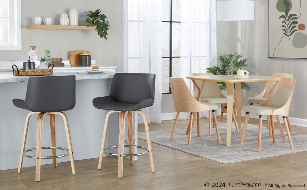 Santi 25" Fixed-Height Counter Stool - Set of 2 - Zebra Wood, Chrome Metal, Grey PU