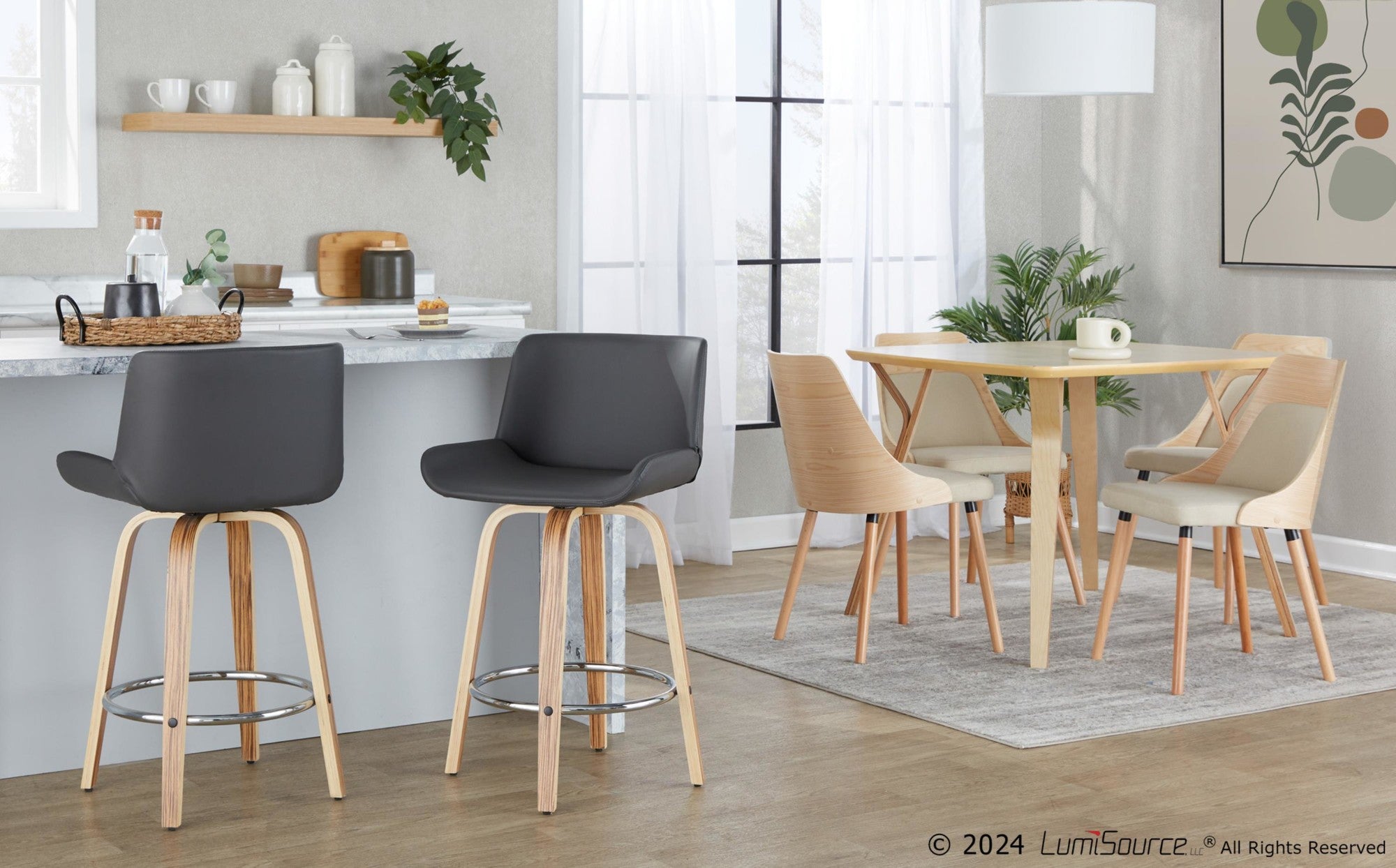 Santi 25" Fixed-Height Counter Stool - Set of 2 - Zebra Wood, Chrome Metal, Grey PU
