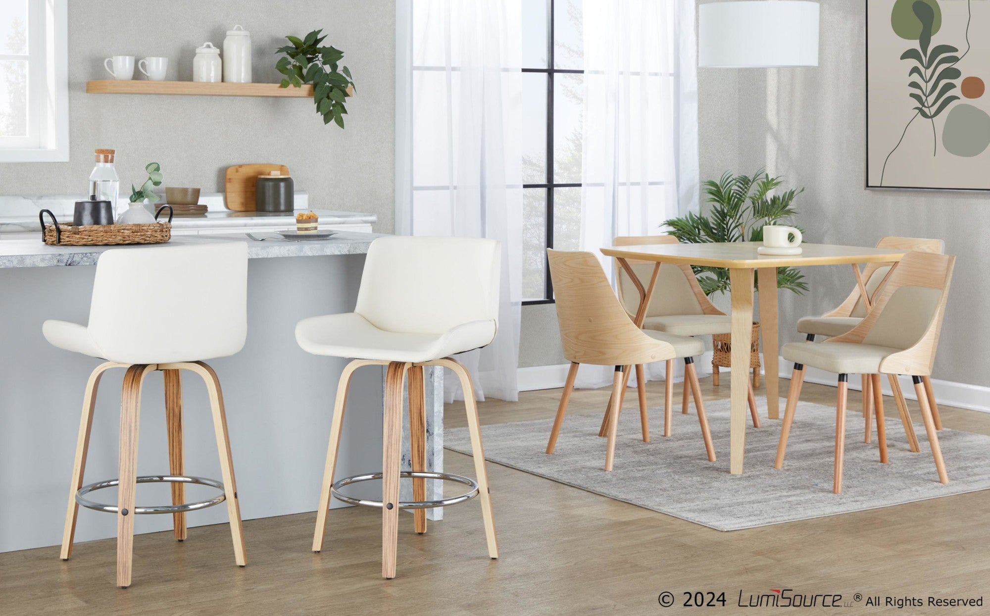 Santi 25" Fixed-Height Counter Stool - Set of 2 - Zebra Wood, Chrome Metal, White PU