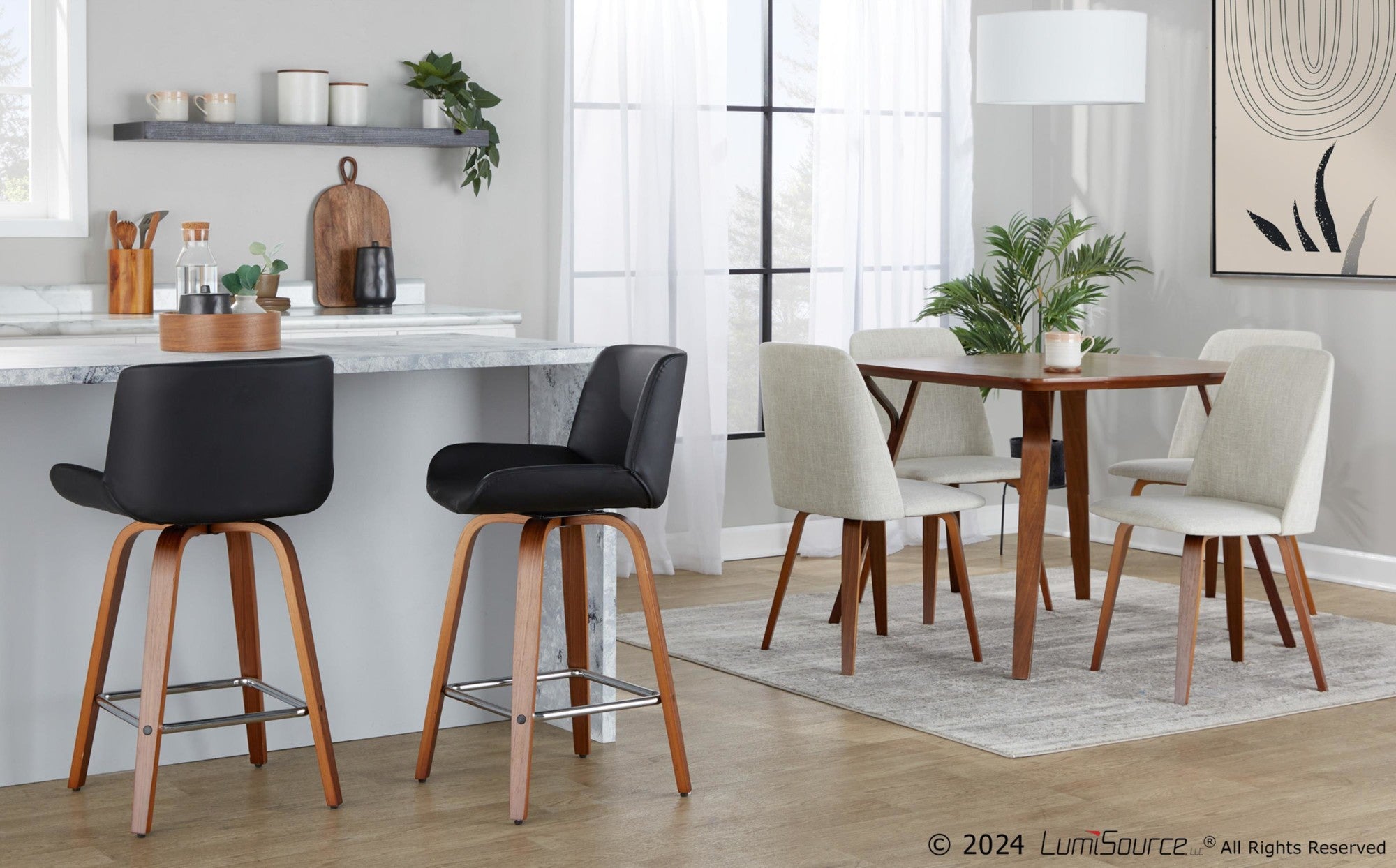 Toriano Dining Chair - Set of 2 - Walnut Wood, Beige Fabric