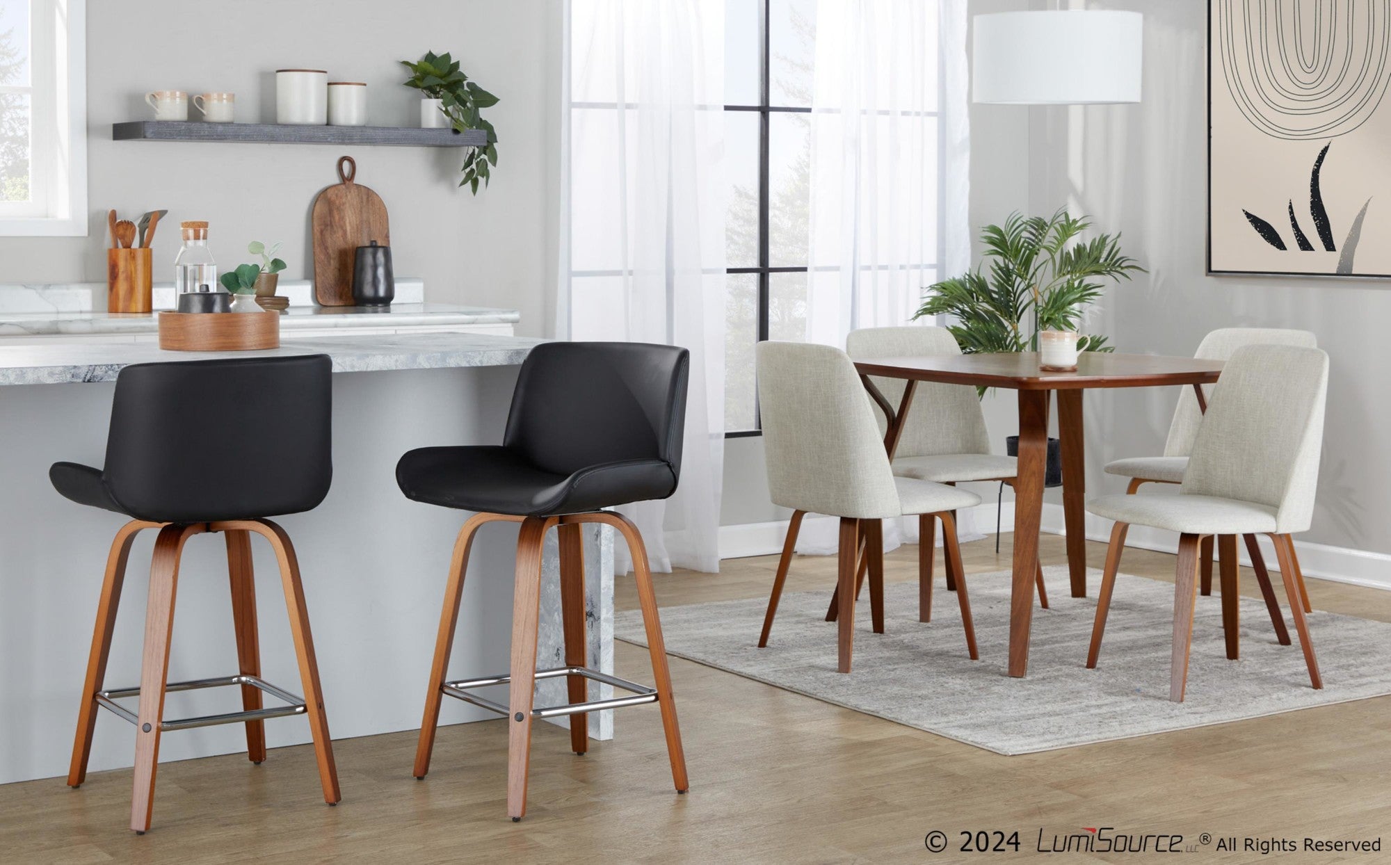 Santi 25" Fixed-Height Counter Stool - Set of 2 - Walnut Wood, Chrome Metal, Black PU