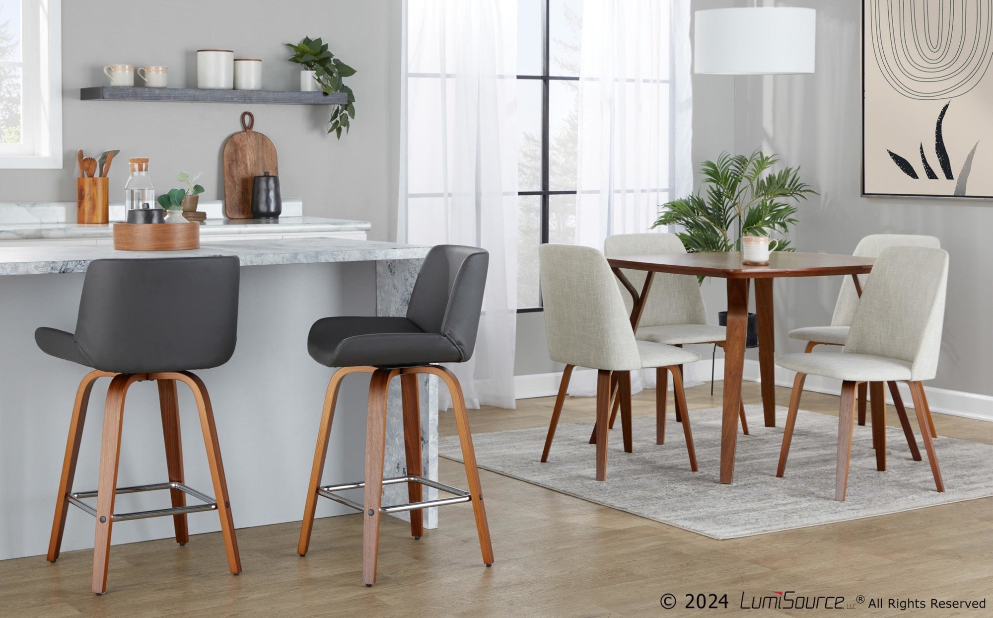 Santi 25" Fixed-Height Counter Stool - Set of 2 - Walnut Wood, Chrome Metal, Grey PU