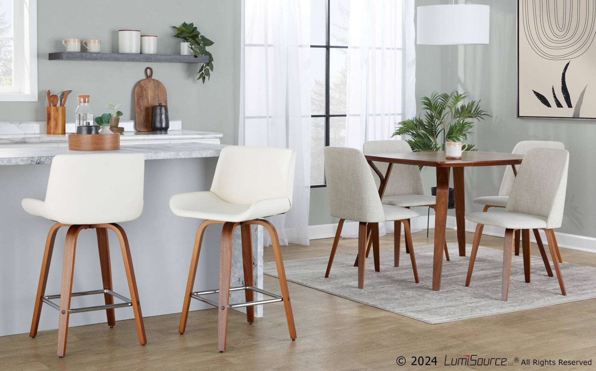 Santi 25" Fixed-Height Counter Stool - Set of 2 - Walnut Wood, Chrome Metal, White PU