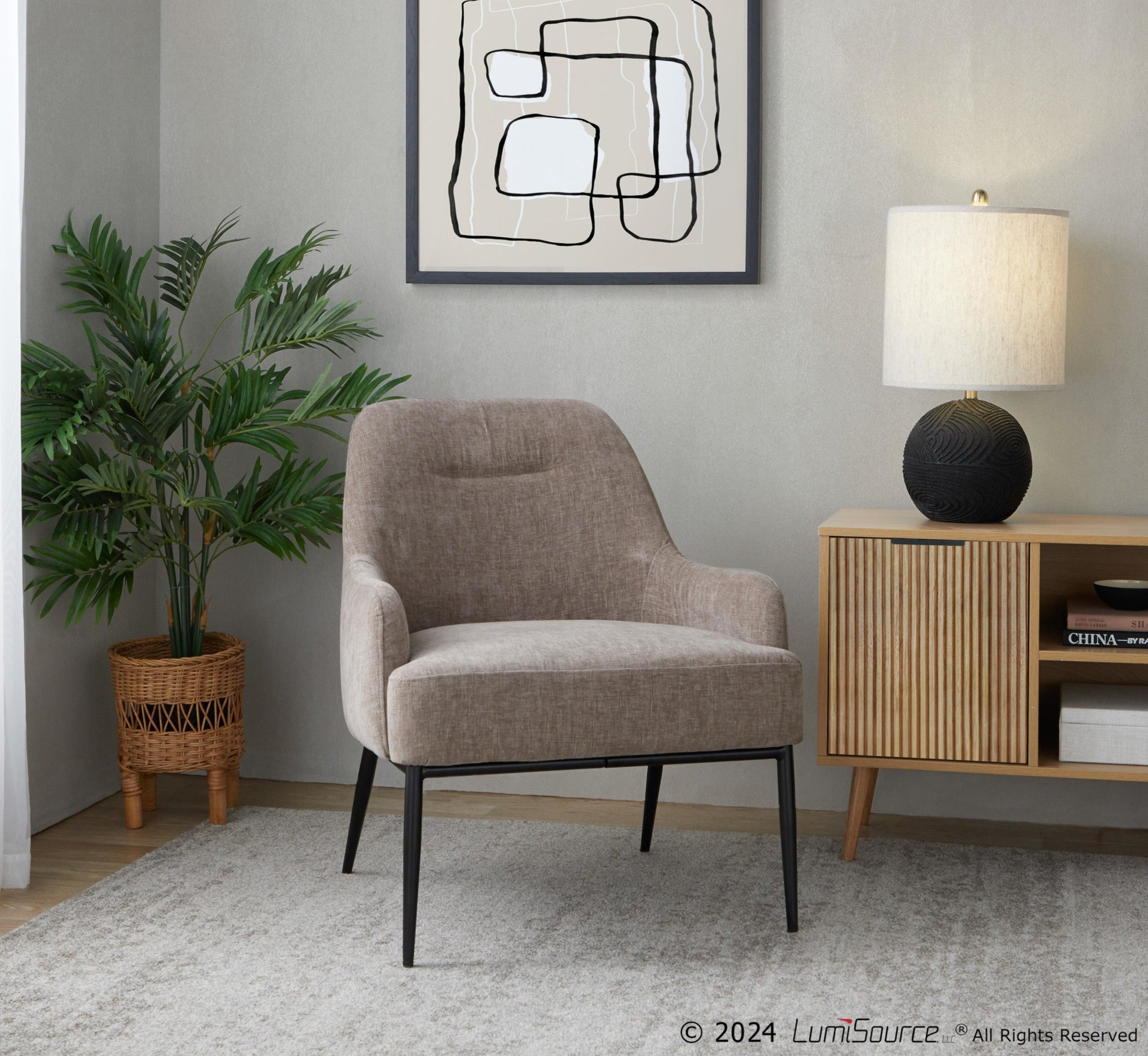 Marcel Accent Chair - Black Metal, Light Brown Fabric