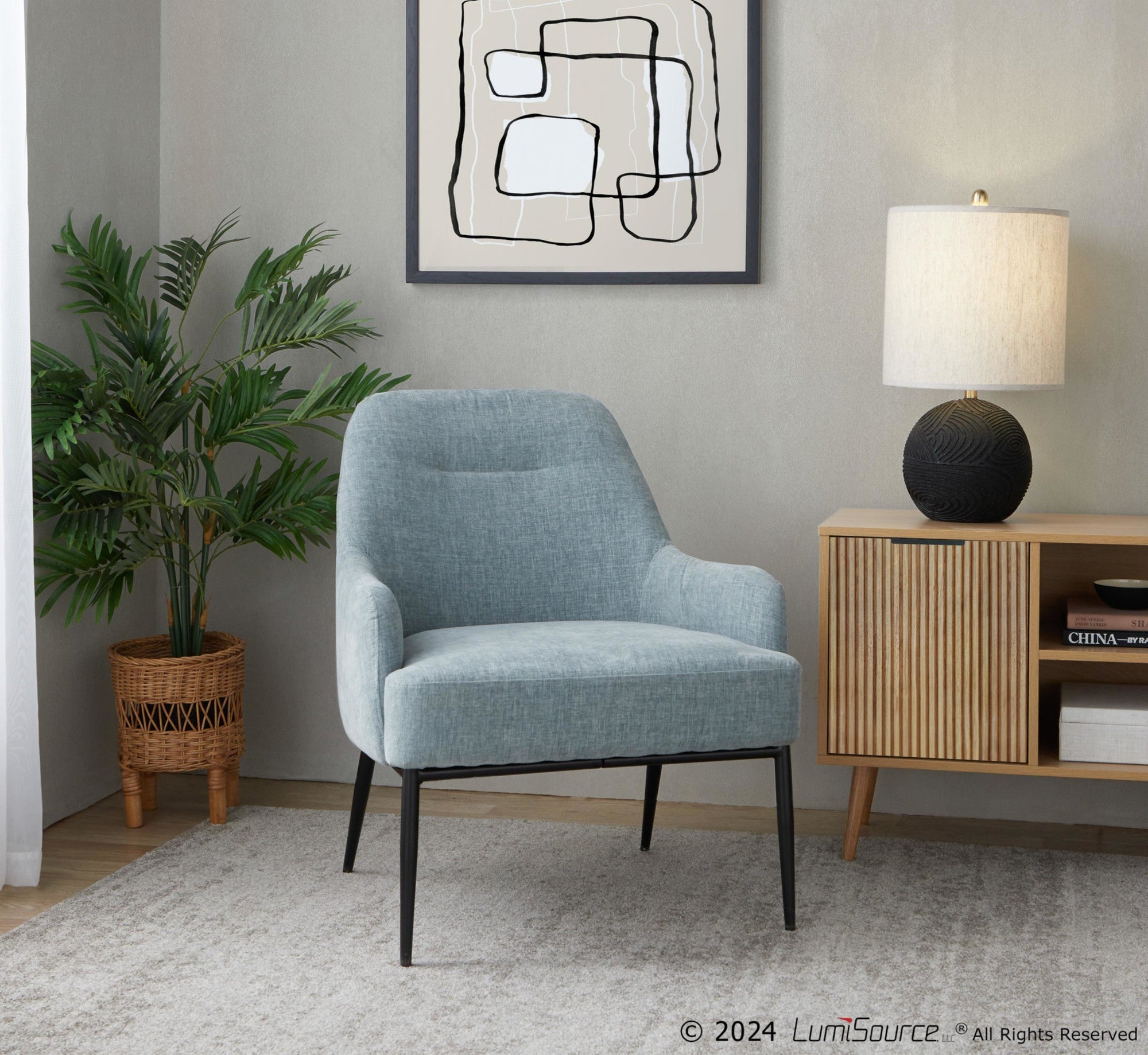 Marcel Accent Chair - Black Metal, Light Blue Fabric