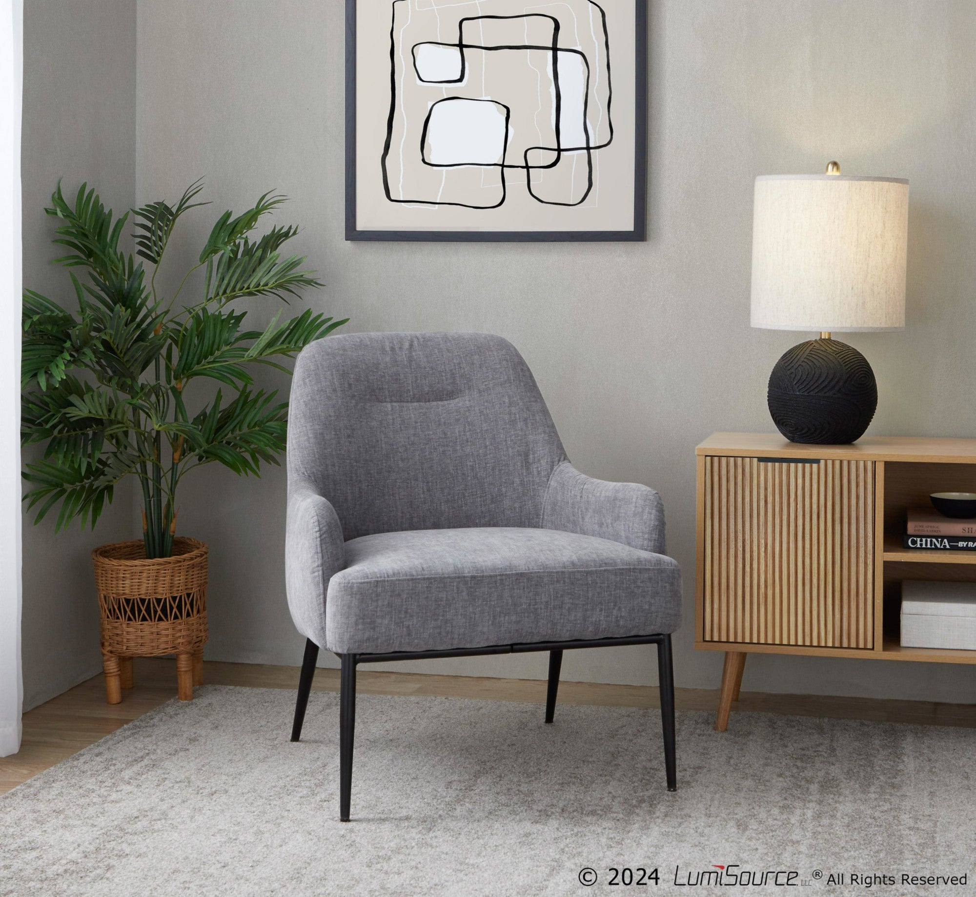 Marcel Accent Chair - Black Metal, Light Grey Fabric
