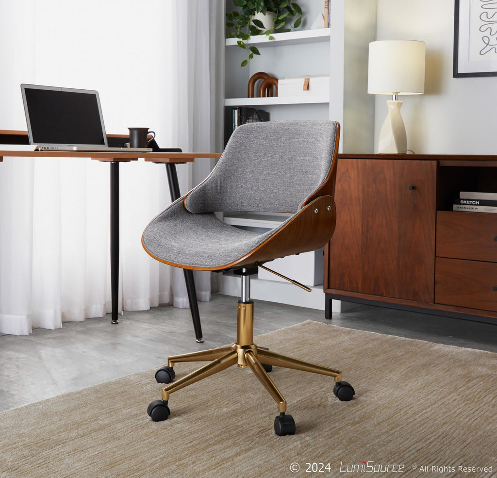 Fabrizzi Office Chair - Gold Metal, Walnut Wood, Grey Fabric