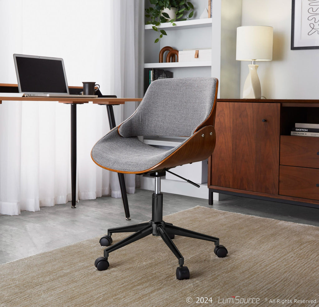 Fabrizzi Office Chair - Black Metal, Walnut Wood, Grey Fabric
