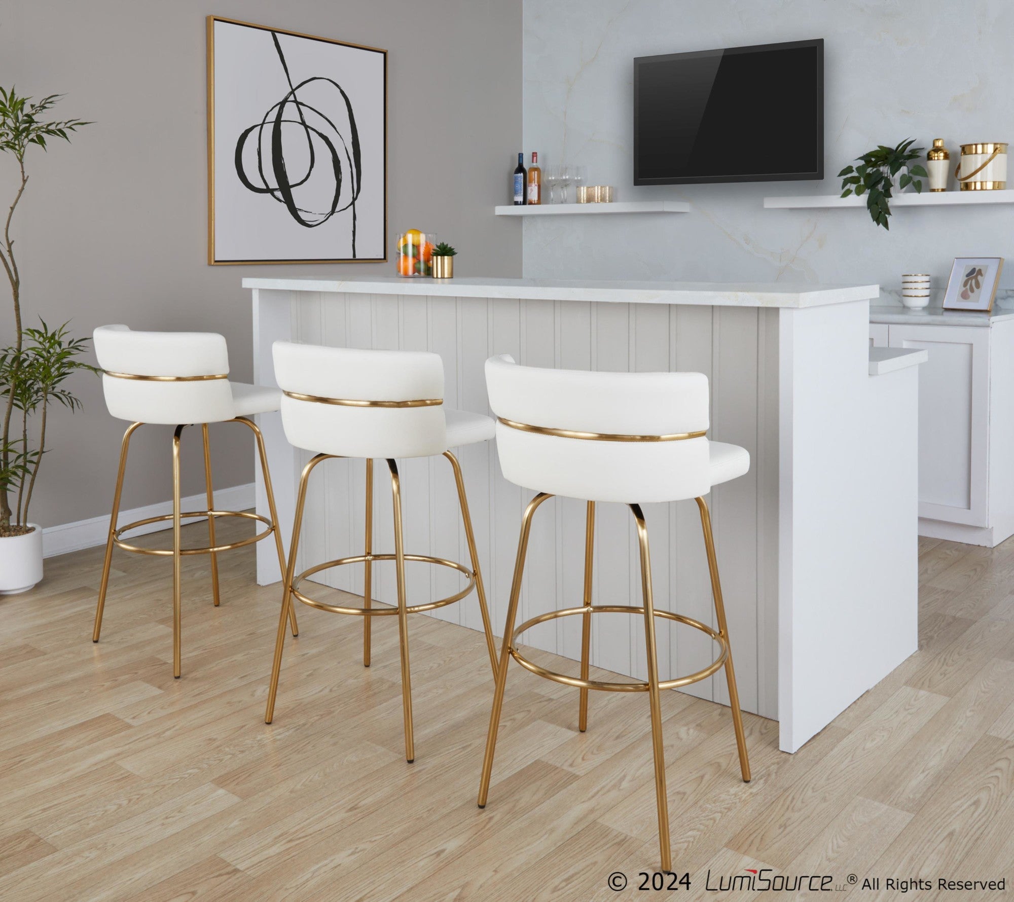 Cinch Claire 30" Fixed-Height Barstool - Set of 2 - Gold Metal, White PU