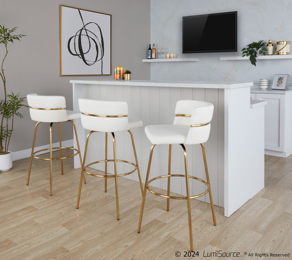 Cinch Claire 30" Fixed-Height Barstool - Set of 2 - Gold Metal, White PU
