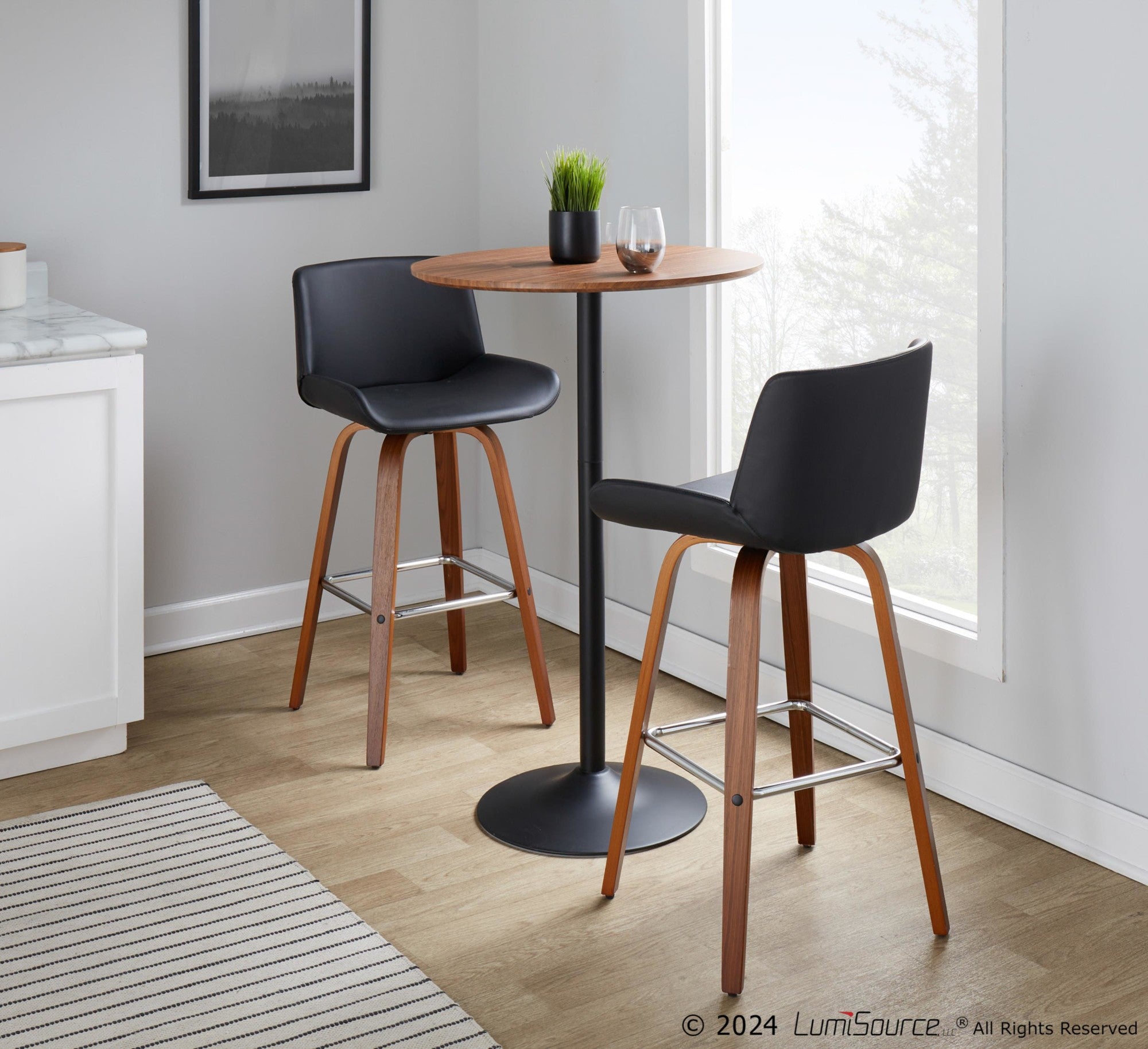 Santi 30" Fixed-Height Barstool - Set of 2 - Walnut Wood, Chrome Metal, Black PU