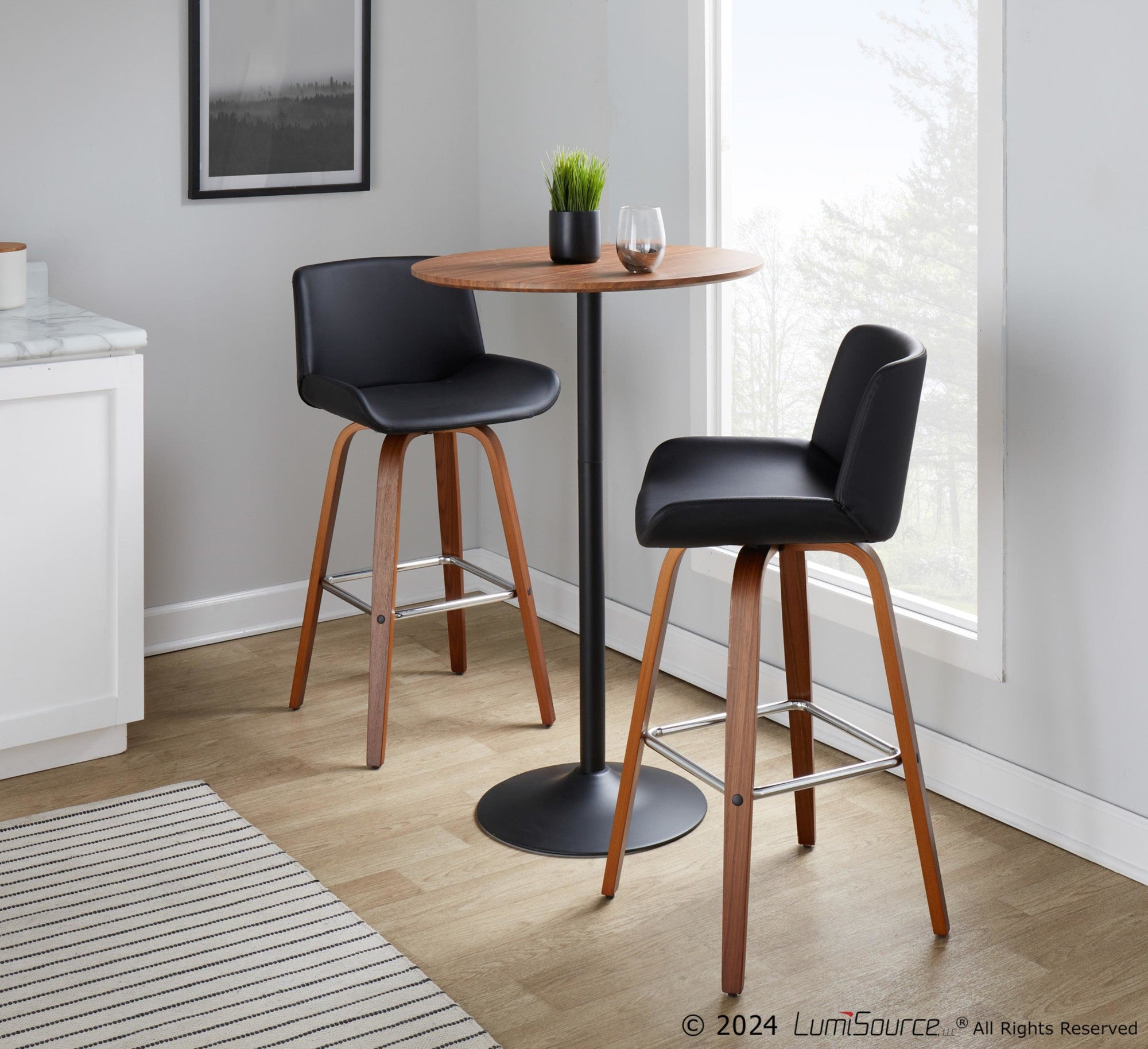 Santi 30" Fixed-Height Barstool - Set of 2 - Walnut Wood, Chrome Metal, Black PU