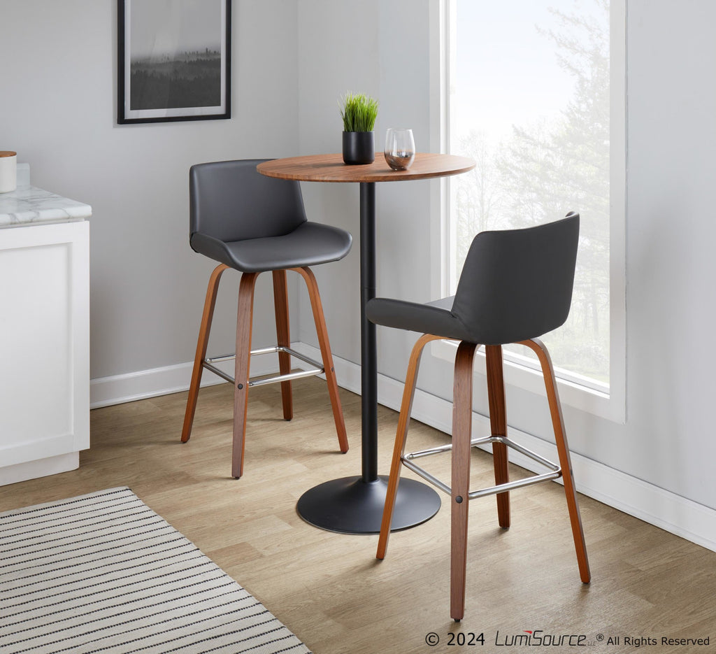 Santi 30" Fixed-Height Barstool - Set of 2 - Walnut Wood, Chrome Metal, Grey PU