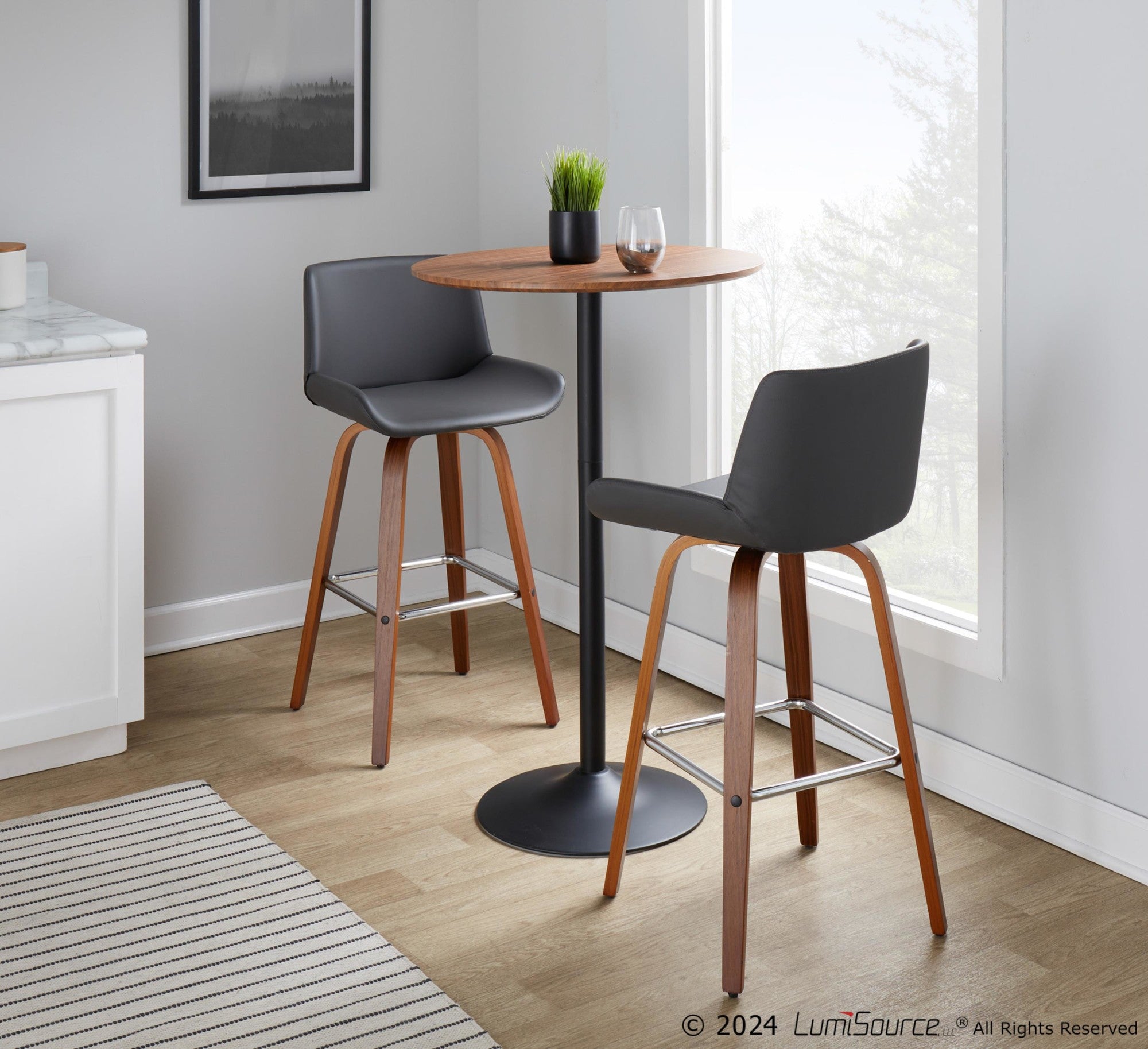 Santi 30" Fixed-Height Barstool - Set of 2 - Walnut Wood, Chrome Metal, Grey PU