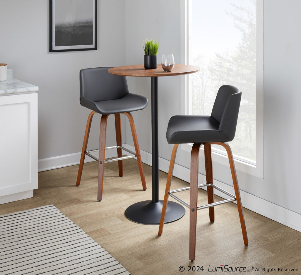 Santi 30" Fixed-Height Barstool - Set of 2 - Walnut Wood, Chrome Metal, Grey PU