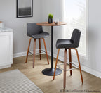 Santi 30" Fixed-Height Barstool - Set of 2 - Walnut Wood, Chrome Metal, Grey PU