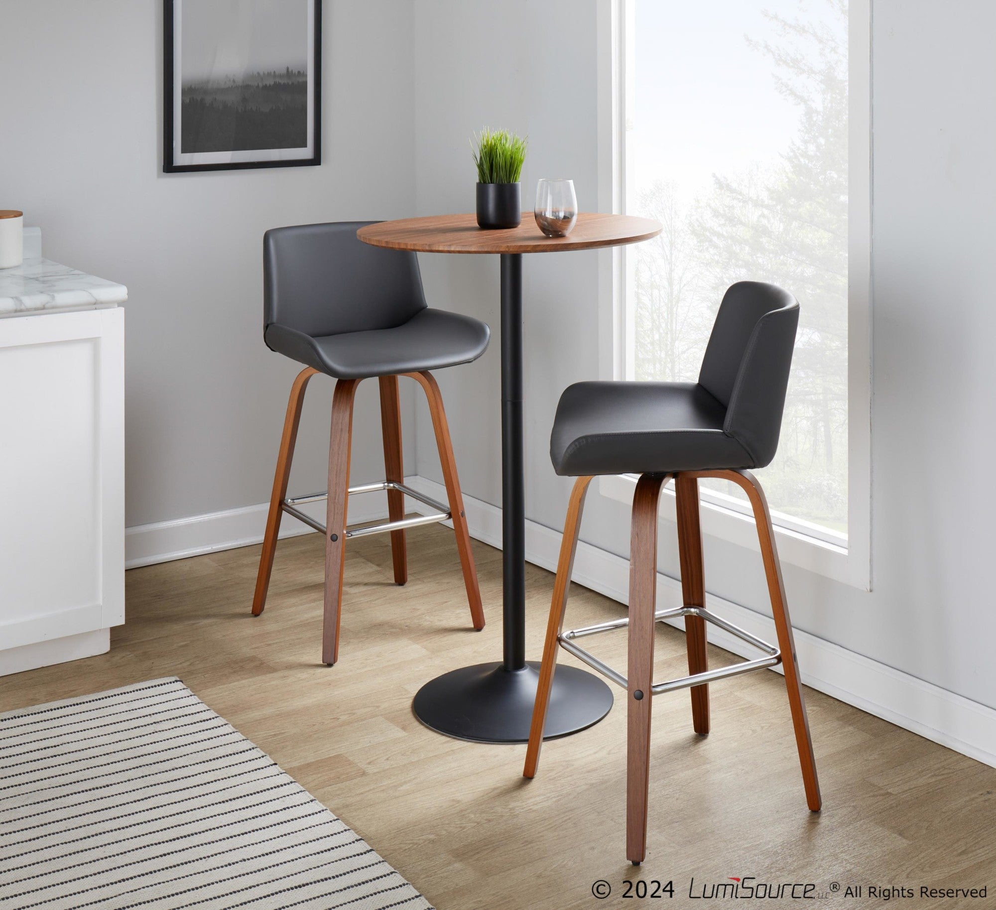 Santi 30" Fixed-Height Barstool - Set of 2 - Walnut Wood, Chrome Metal, Grey PU