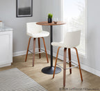 Santi 30" Fixed-Height Barstool - Set of 2 - Walnut Wood, Chrome Metal, White PU