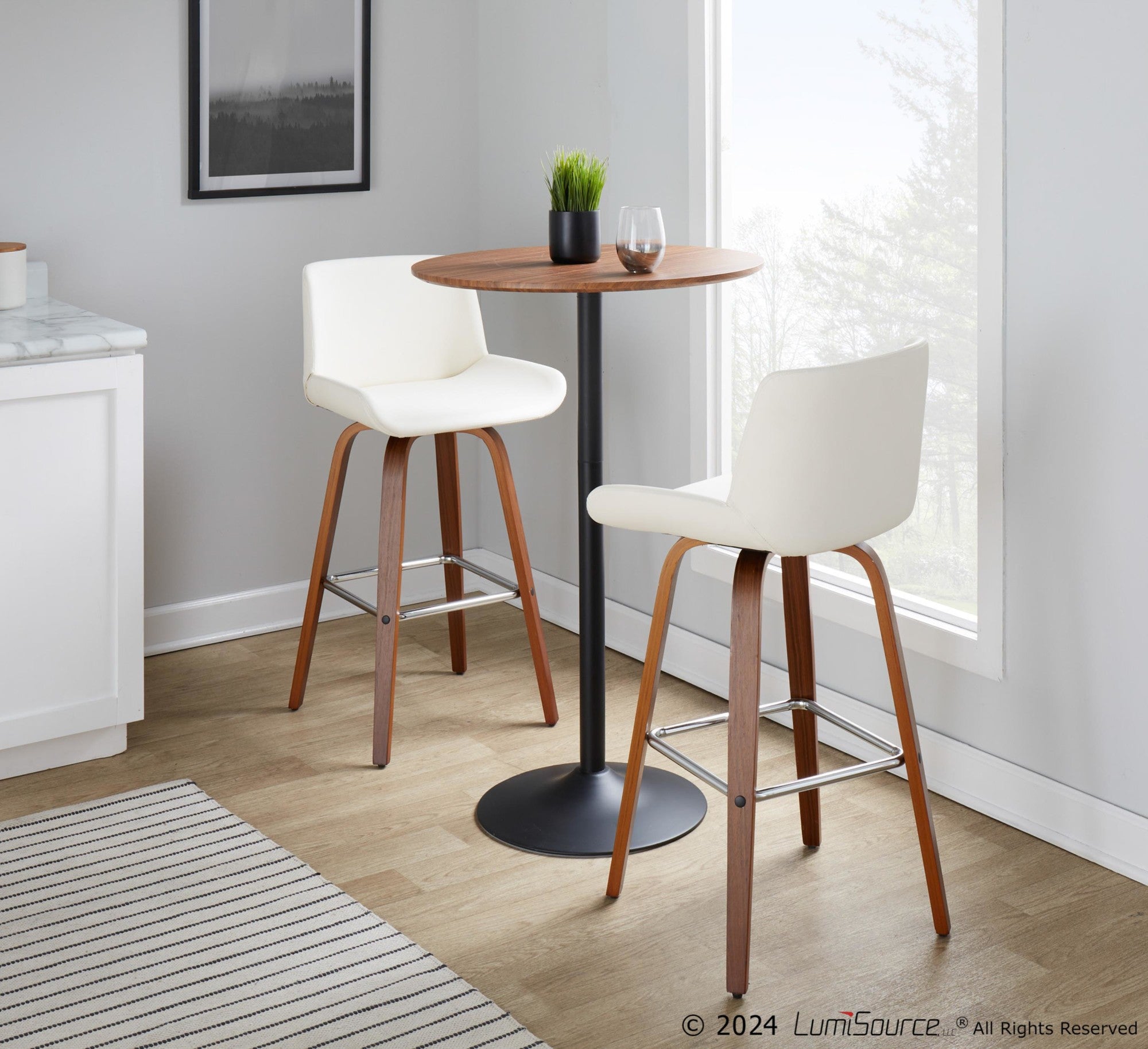 Santi 30" Fixed-Height Barstool - Set of 2 - Walnut Wood, Chrome Metal, White PU