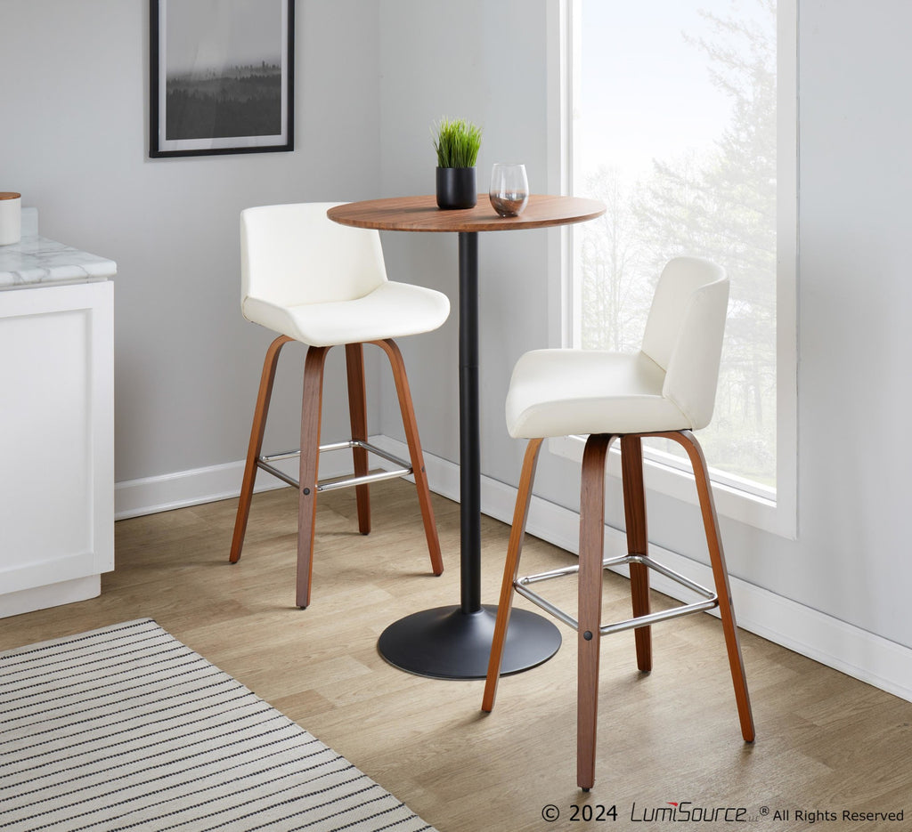 Santi 30" Fixed-Height Barstool - Set of 2 - Walnut Wood, Chrome Metal, White PU