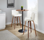 Santi 30" Fixed-Height Barstool - Set of 2 - Walnut Wood, Chrome Metal, White PU