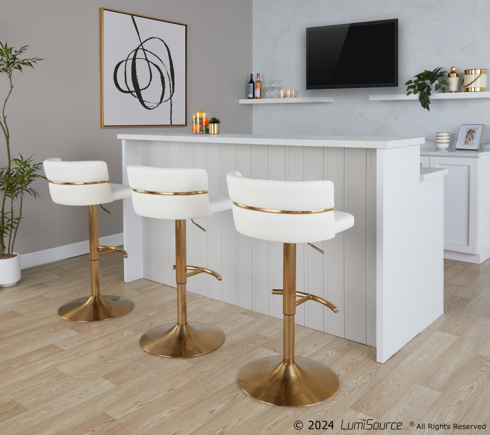 Cinch Adjustable Barstool - Set of 2 - Gold Metal, White PU
