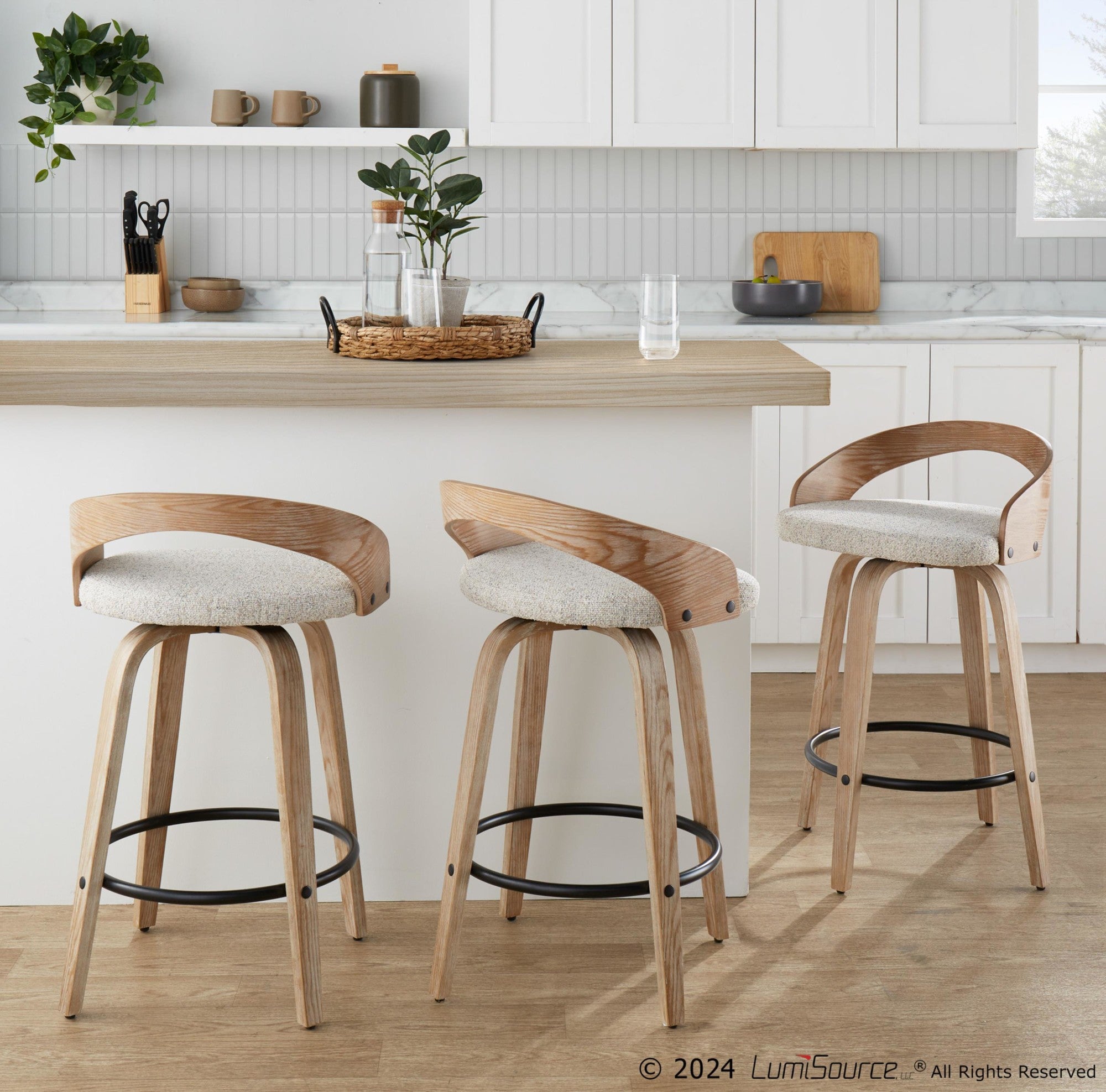 Grotto 26" Fixed-Height Counter Stool - Set of 2 - Whitewashed Wood, Black Metal, Oat Fabric