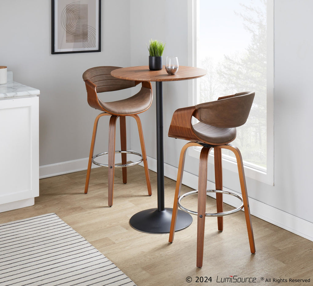 Symphony 30" Fixed-Height Barstool - Set of 2 - Walnut Wood, Chrome Metal, Espresso PU