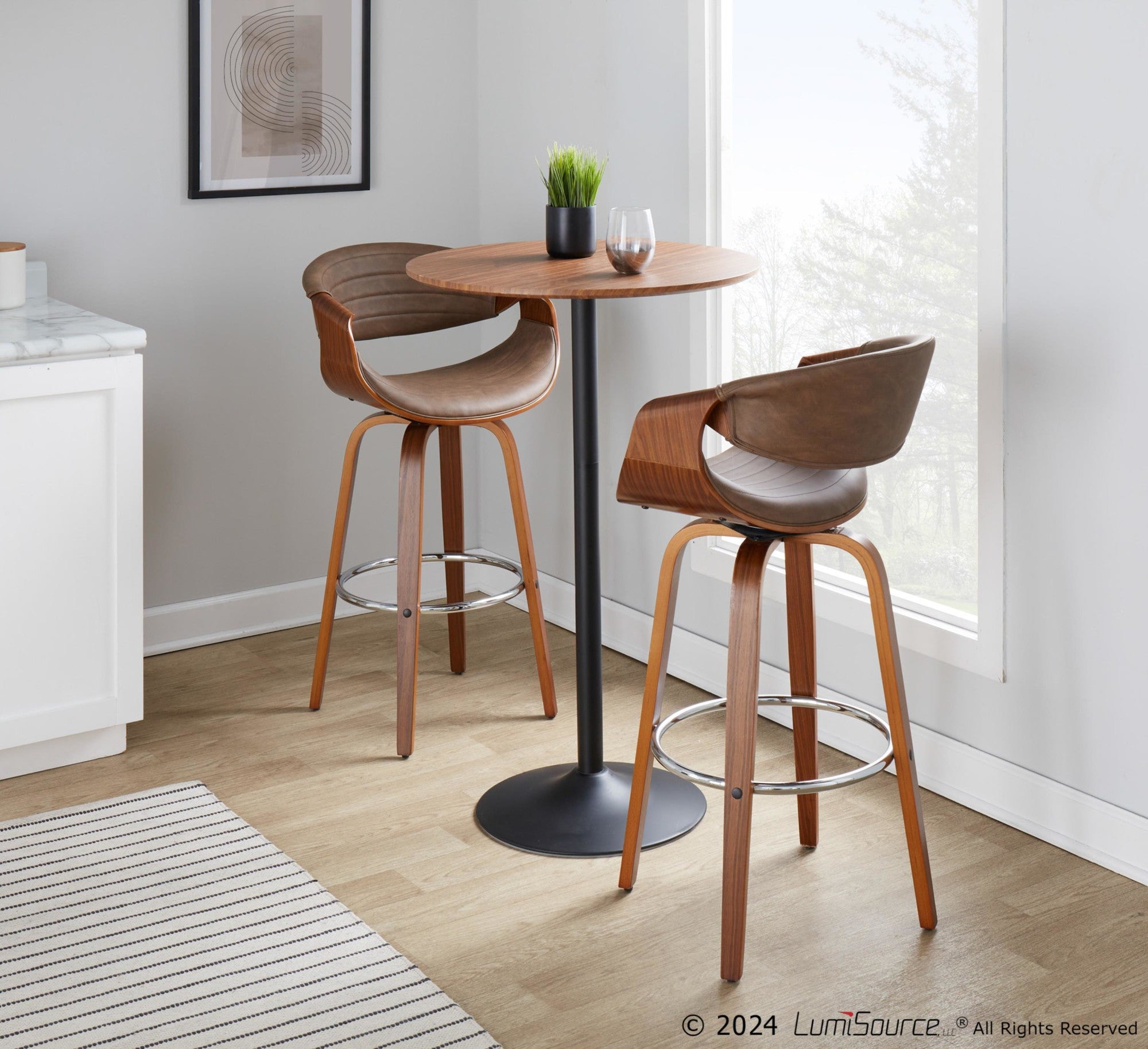 Symphony 30" Fixed-Height Barstool - Set of 2 - Walnut Wood, Chrome Metal, Espresso PU