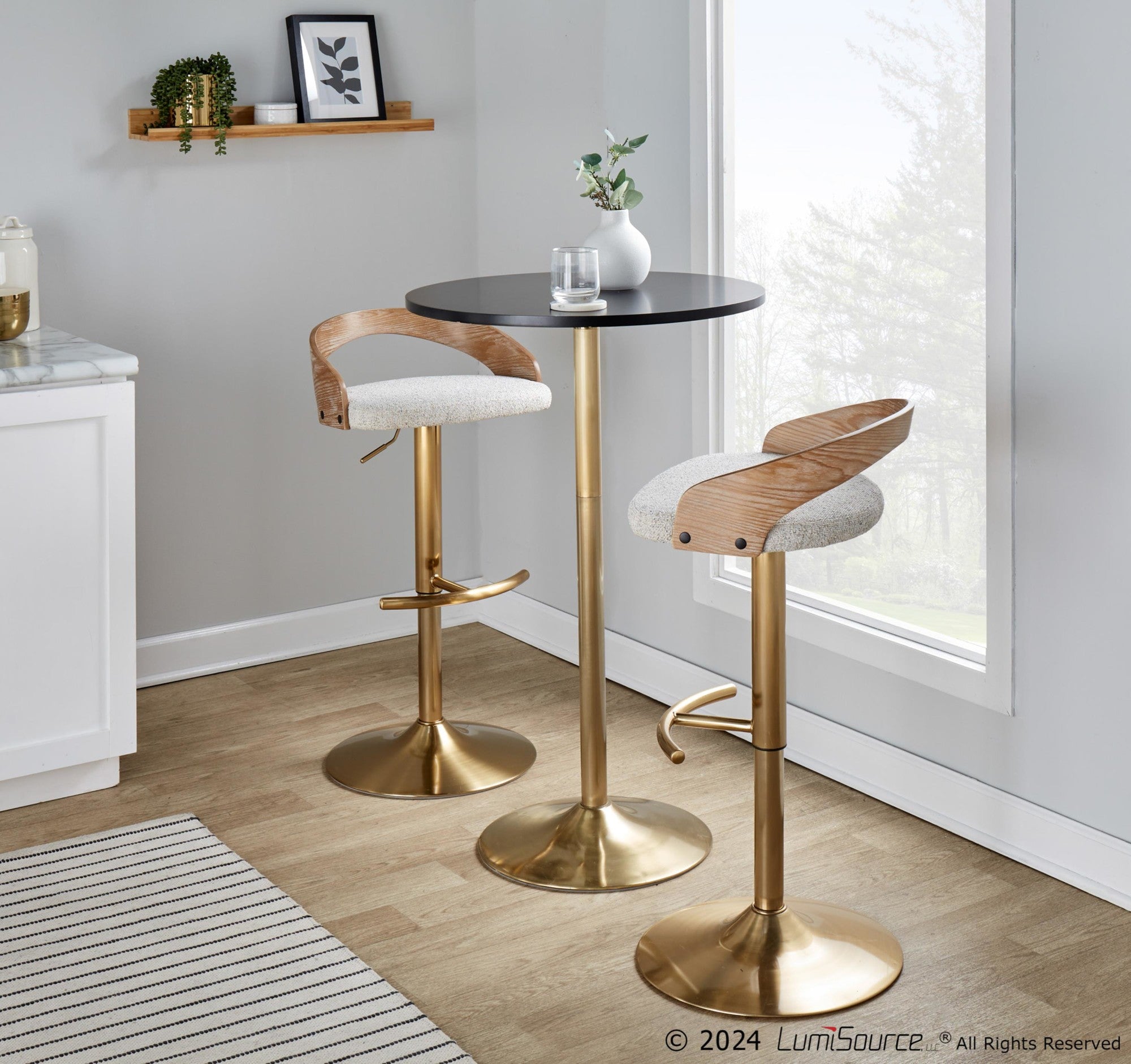 Grotto Adjustable Barstool - Gold Metal, Whitewashed Wood, Oat Fabric
