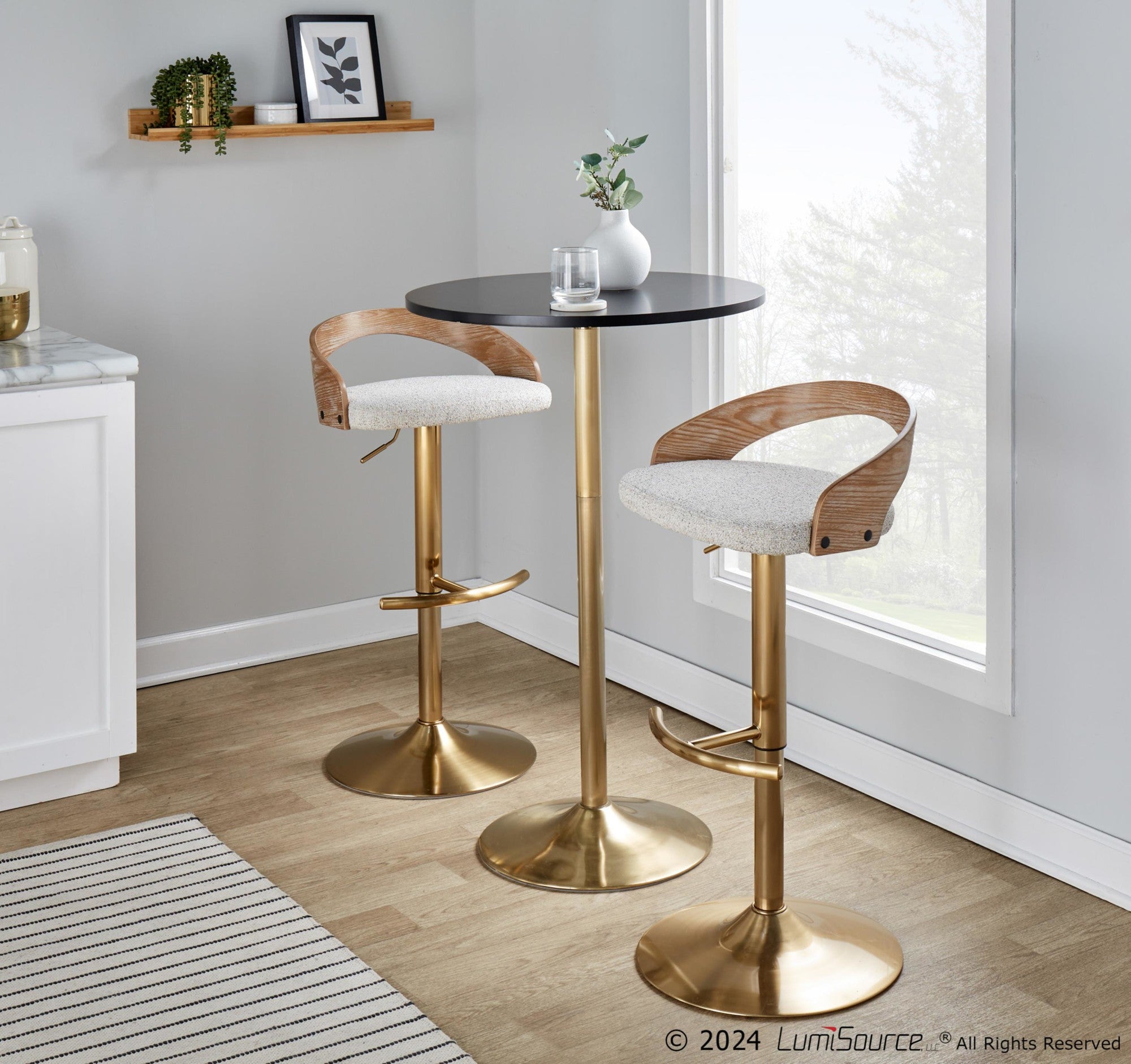Grotto Adjustable Barstool - Gold Metal, Whitewashed Wood, Oat Fabric